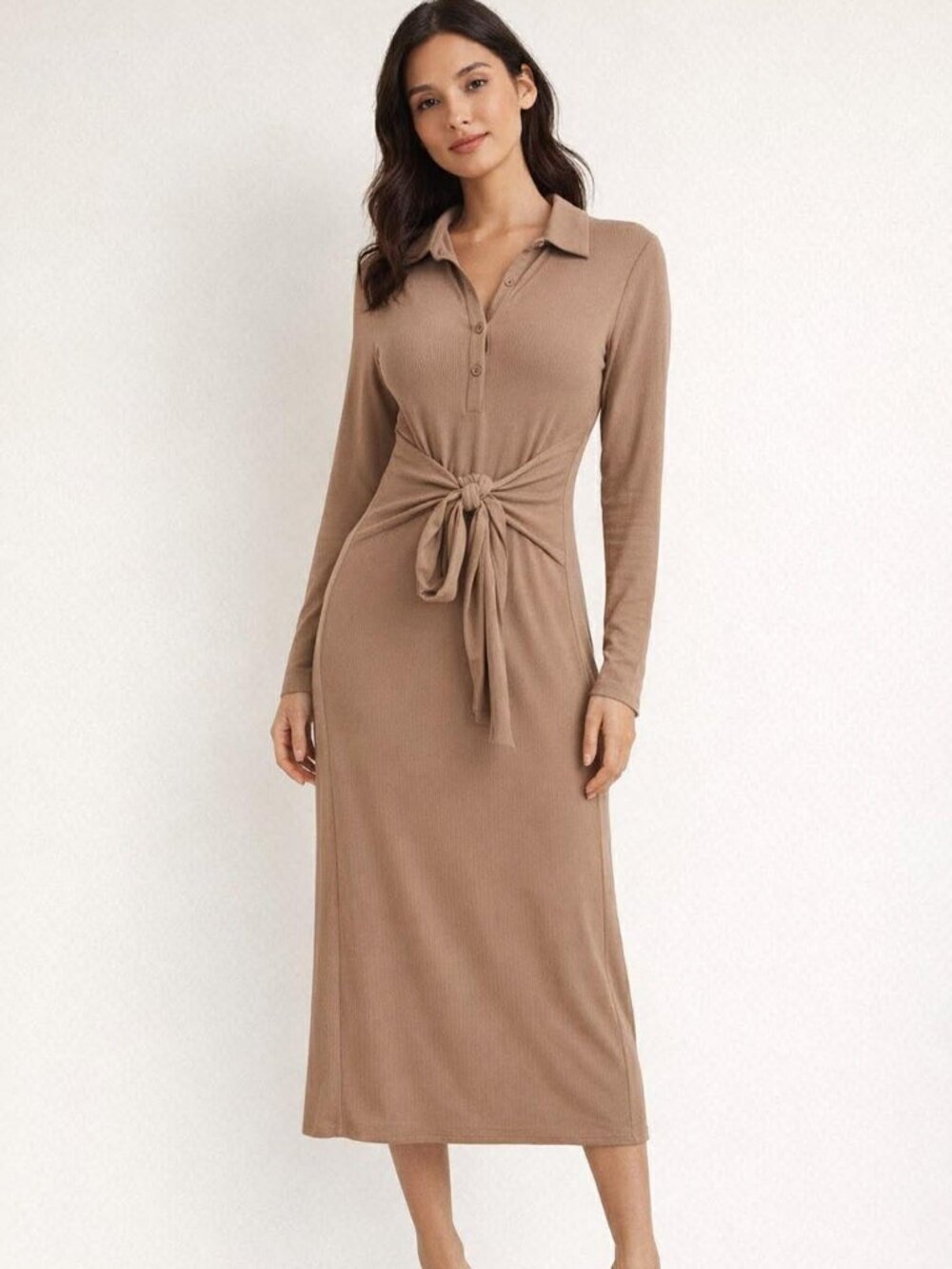 Halara Collared Tie Waist Long Sleeve Midi Dress with Micro Rib knit
